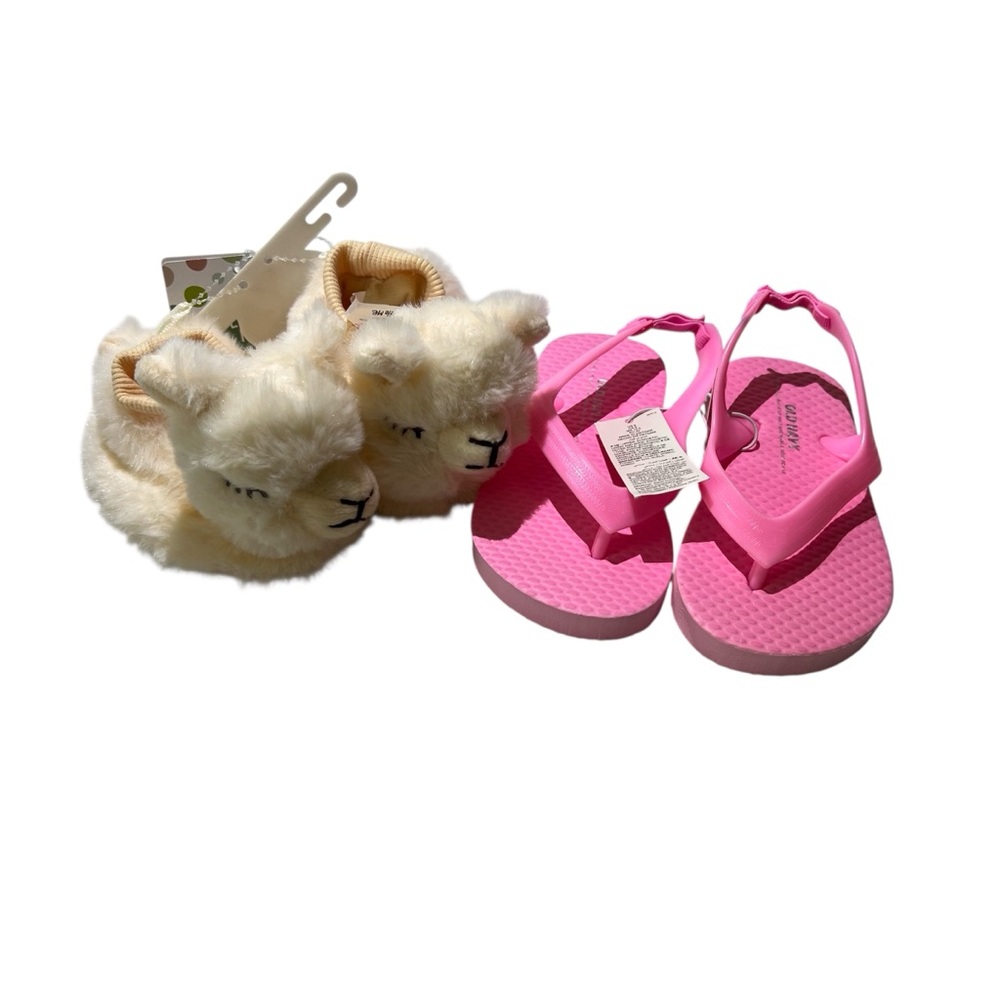 Little Me Llama Slippers 0-6M + Old Navy Pink Flip Flops baby Girls size 6
